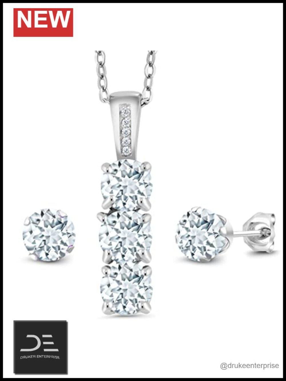 3-Stone Pendant & Earring Jewelry Set 925 Sterling Silver with Diamonds